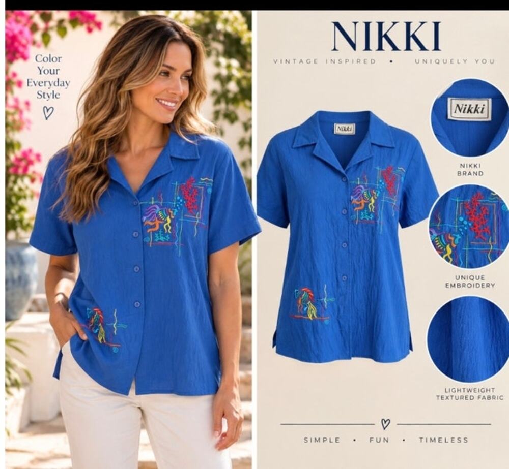 Nikki Royal Blue Embroidered Button Front Shirt Size Small